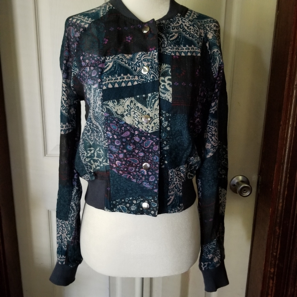 Paisley patchwork floral bomber jacket teal black
